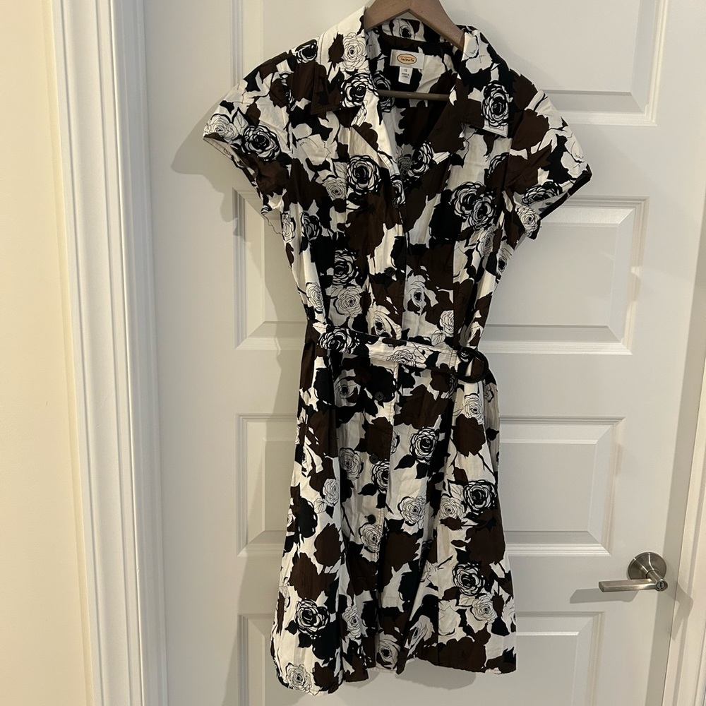Talbots Button Up Floral Dress with Belt Brown White Size 12